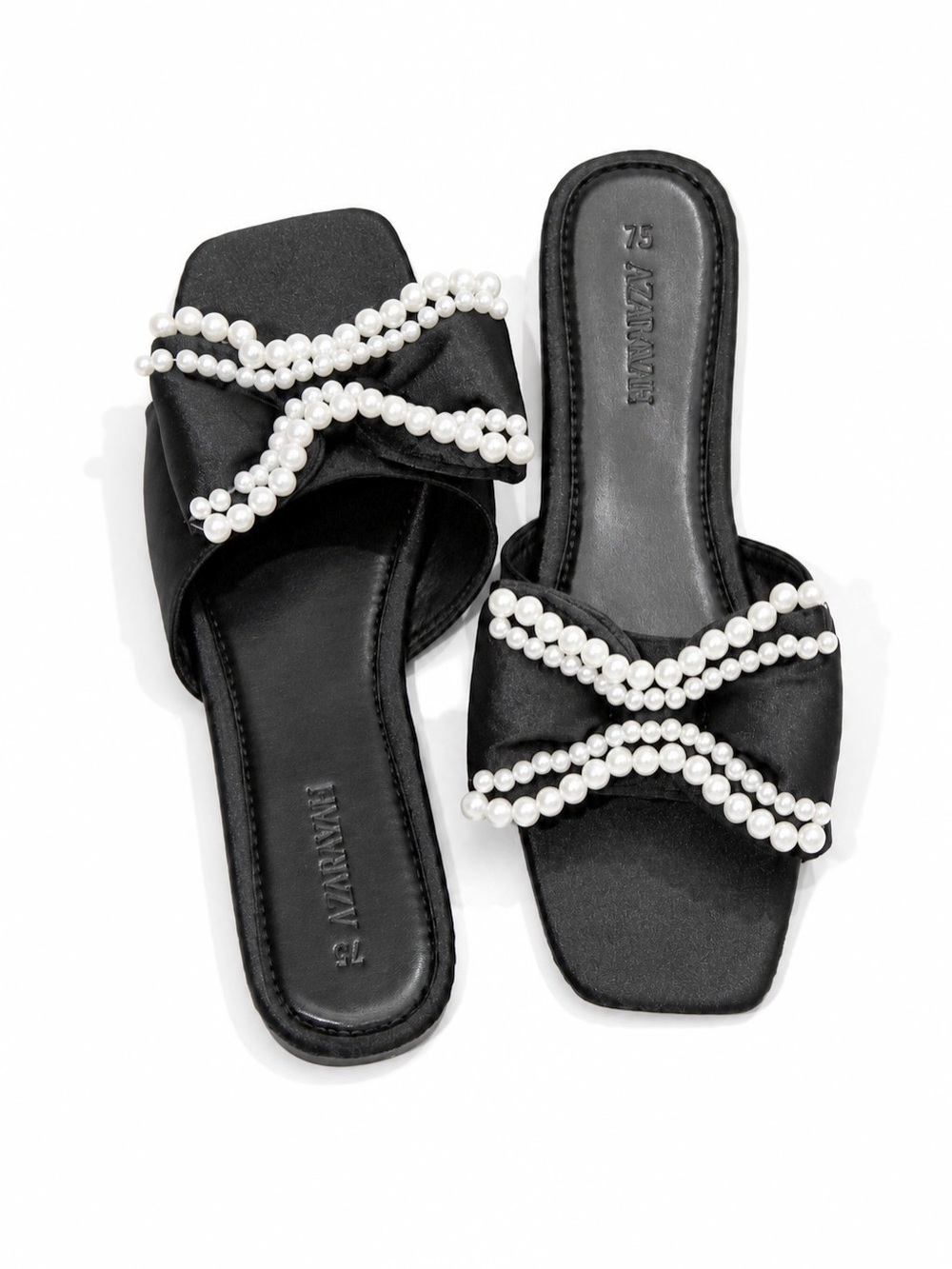 Luxe Pearl Bow Slide Sandals – Satin Square-Toe Slip-On Flats